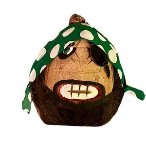Vintage Coconut Head Carved Painted Pirate Hairy and Colorful